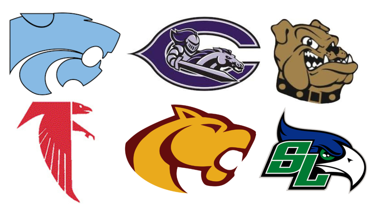 The logos for all six Concorde District teams. In clockwise order starting from top left: Centreville, Chantilly, Westfield, South Lakes, Oakton, and James Madison.