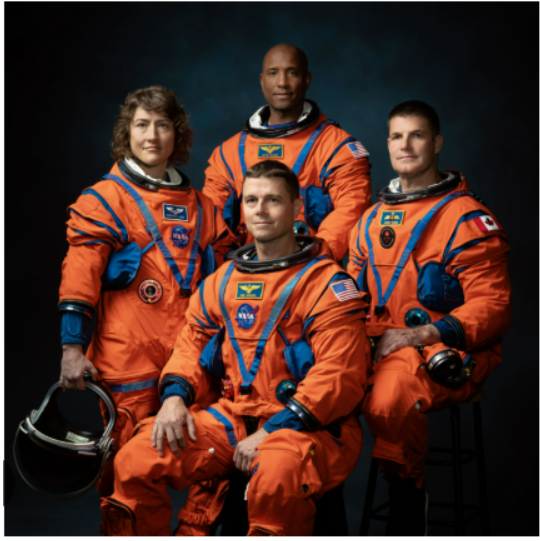 The Crew of NASA's Artemis II Mission(Left-Right):
Christina Hammock Koch, Reid Wiesman (seated) Victor Glover, and Canadian Space Agency astronaut Jeremy Hansen.